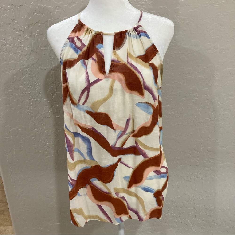 Nine West Women’s Cream and Brown High Neck Keyhole Halter Top Size L